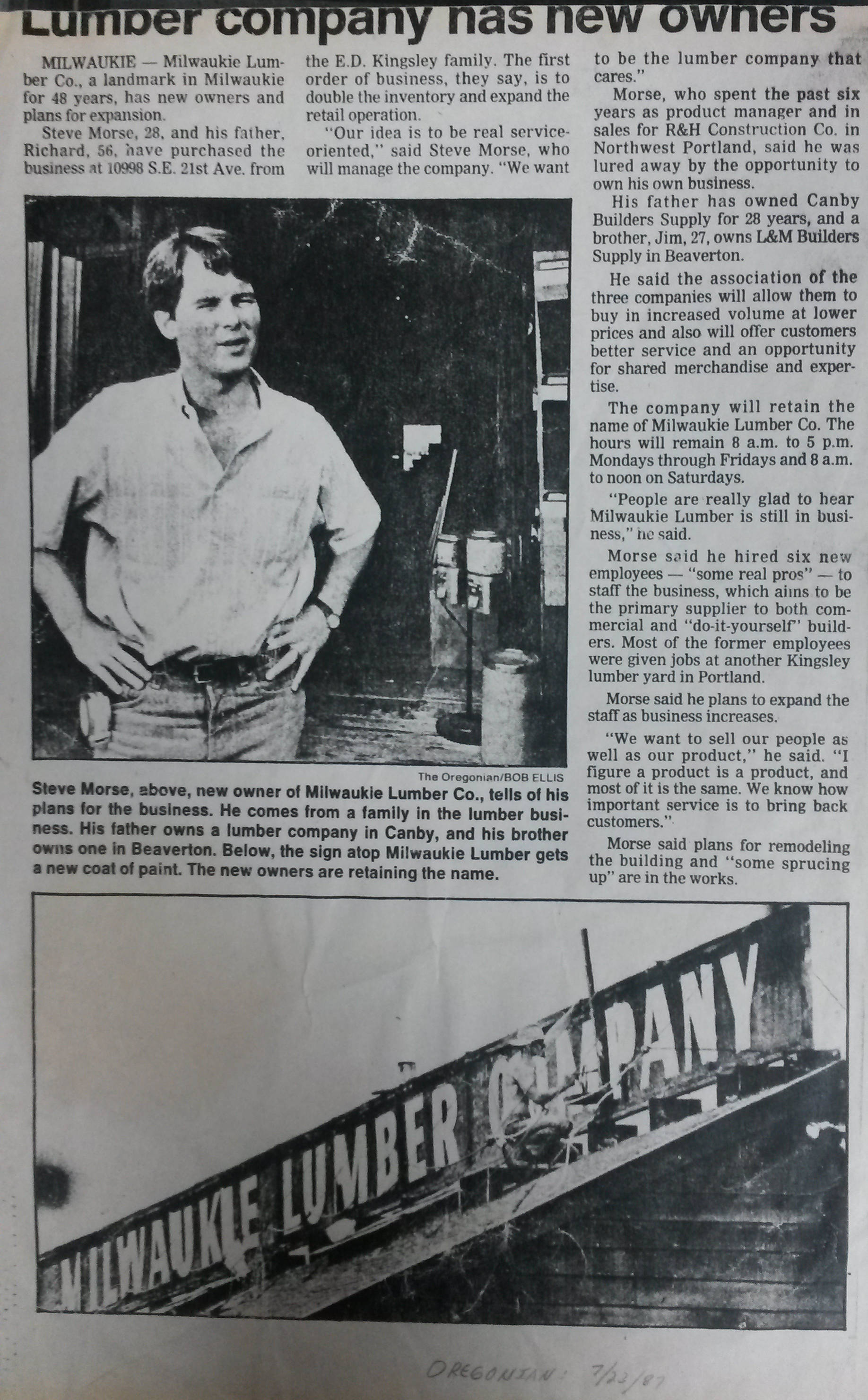 Dad Richard Morse & son Steve Morse buys Milwaukie Lumber article.