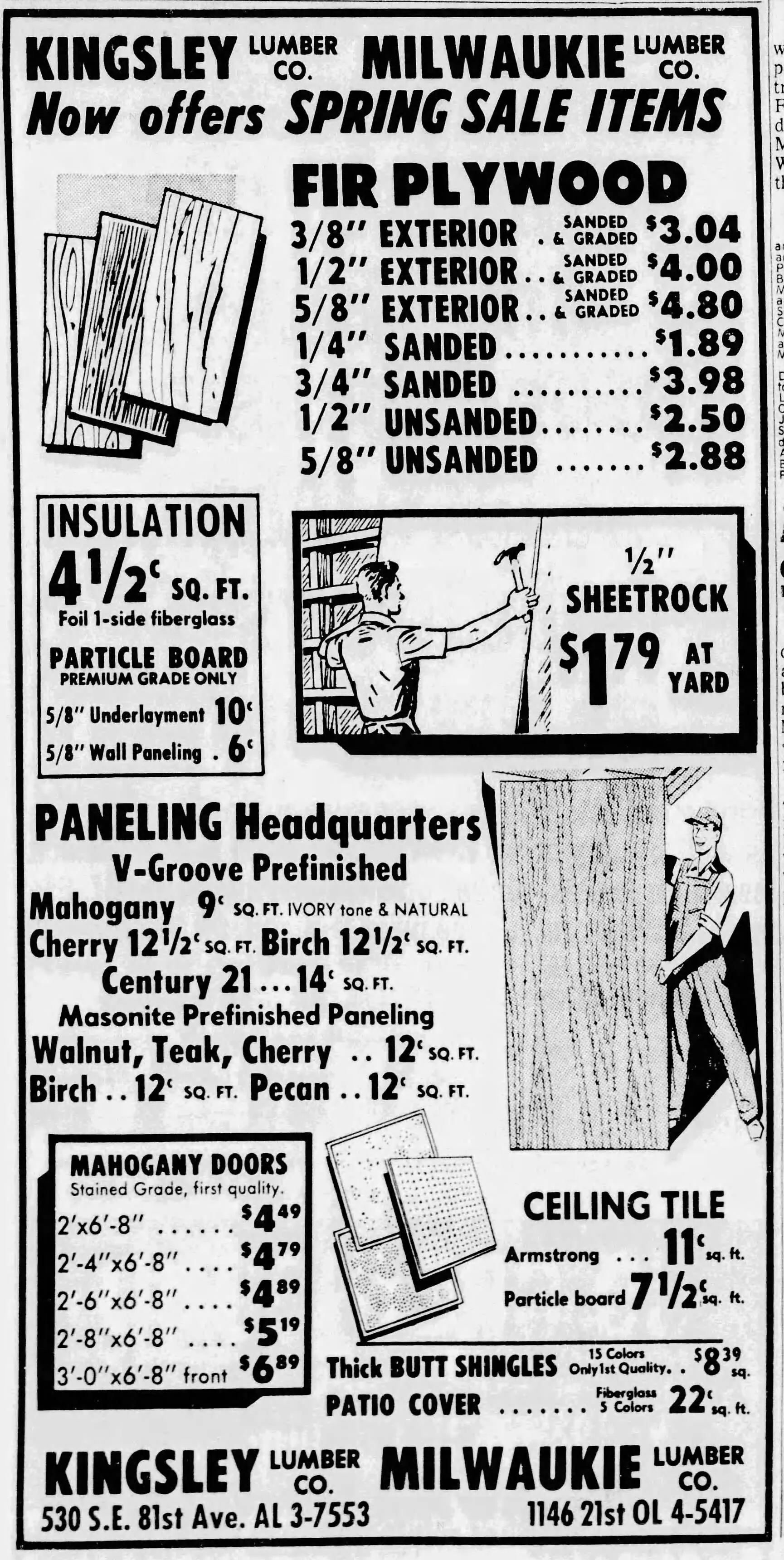 Kingsley Lumber & Milwaukie Lumber joint spring sale advertisement, April 1965