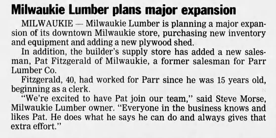 Milwaukie Lumber plans major expansion — newspaper clipping, February 1992