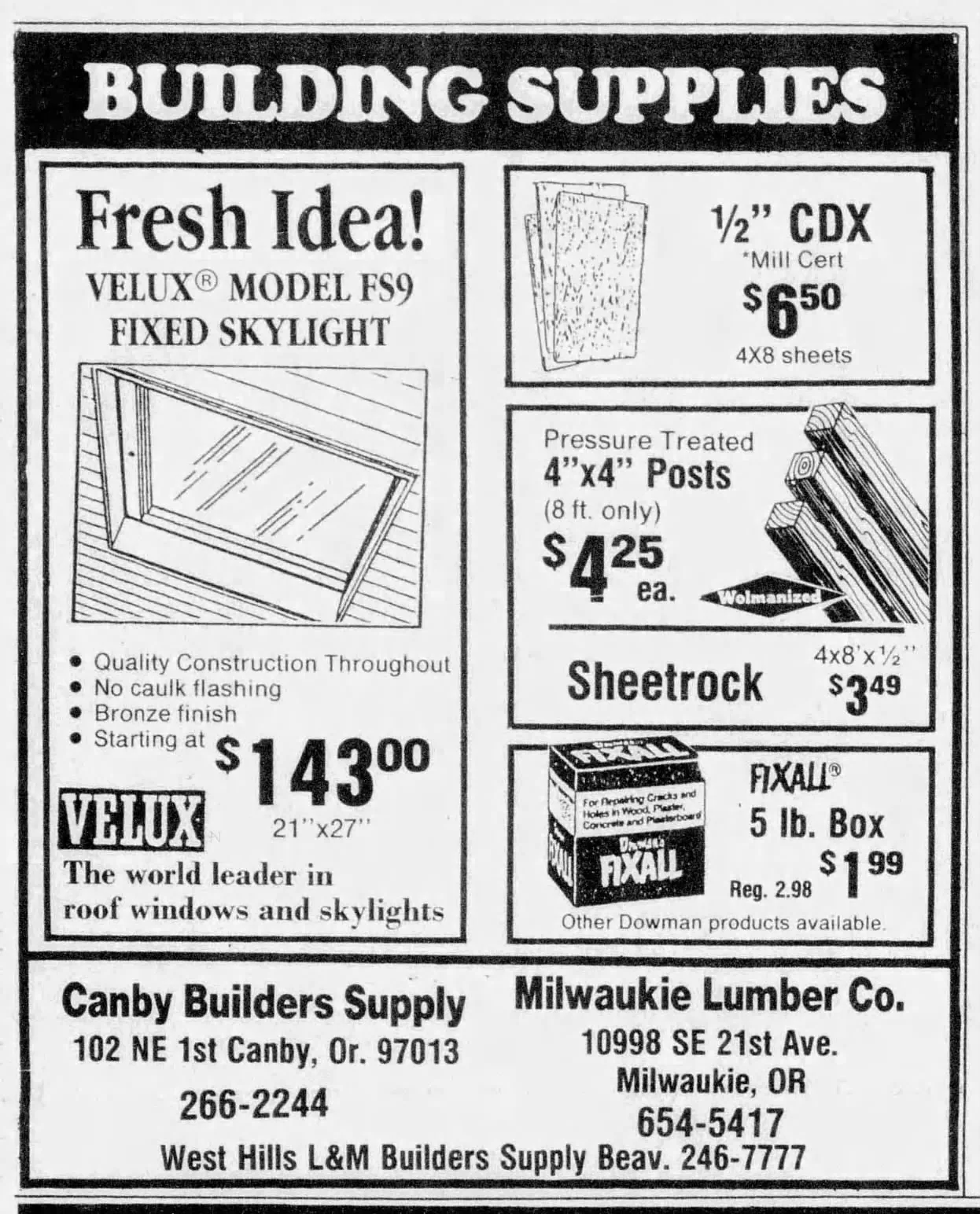 Milwaukie Lumber Co. building supplies advertisement, November 1987 — first ad under Morse ownership.