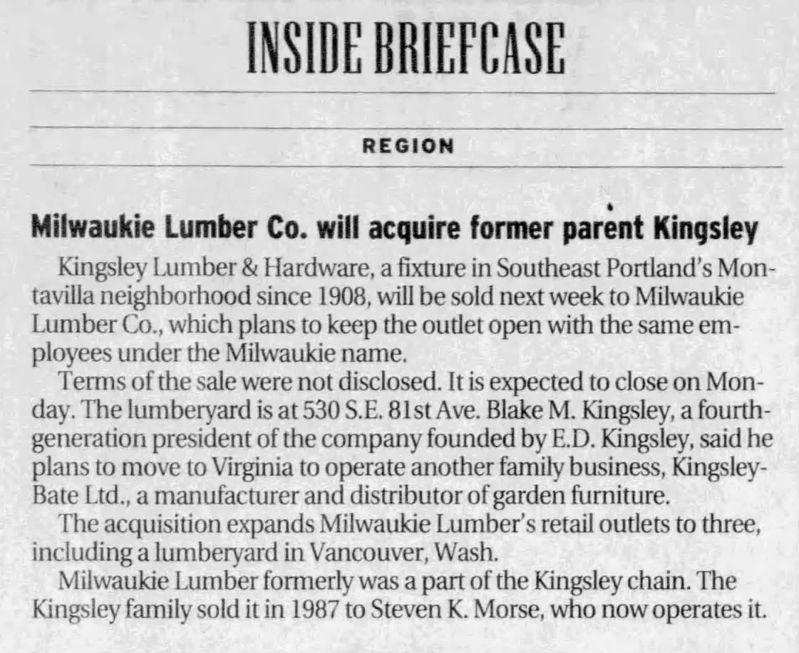 Business journal: Milwaukie Lumber Co. will acquire former parent Kingsley, May 1999