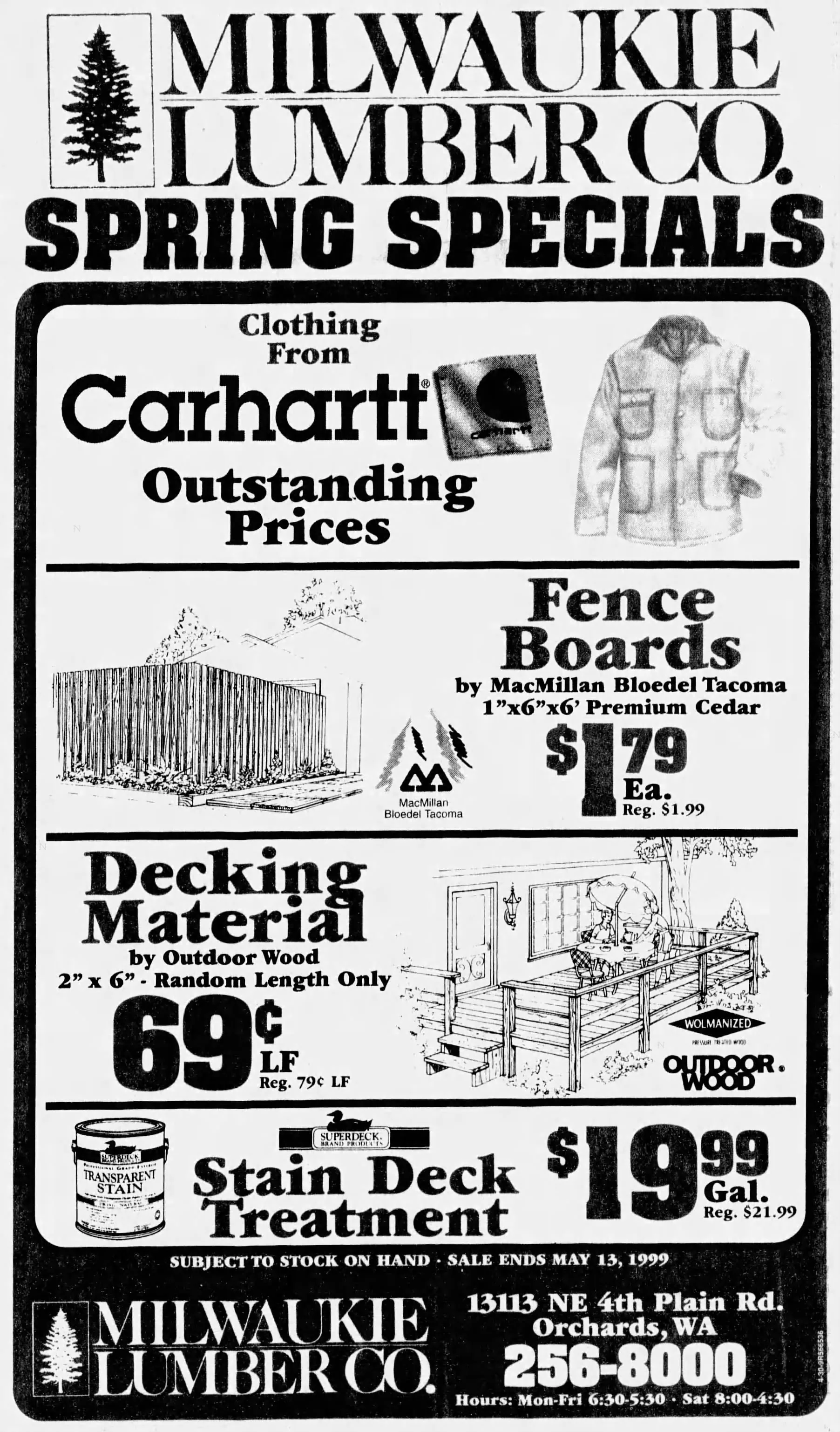 Milwaukie Lumber Co. Vancouver WA spring specials advertisement, May 1999.