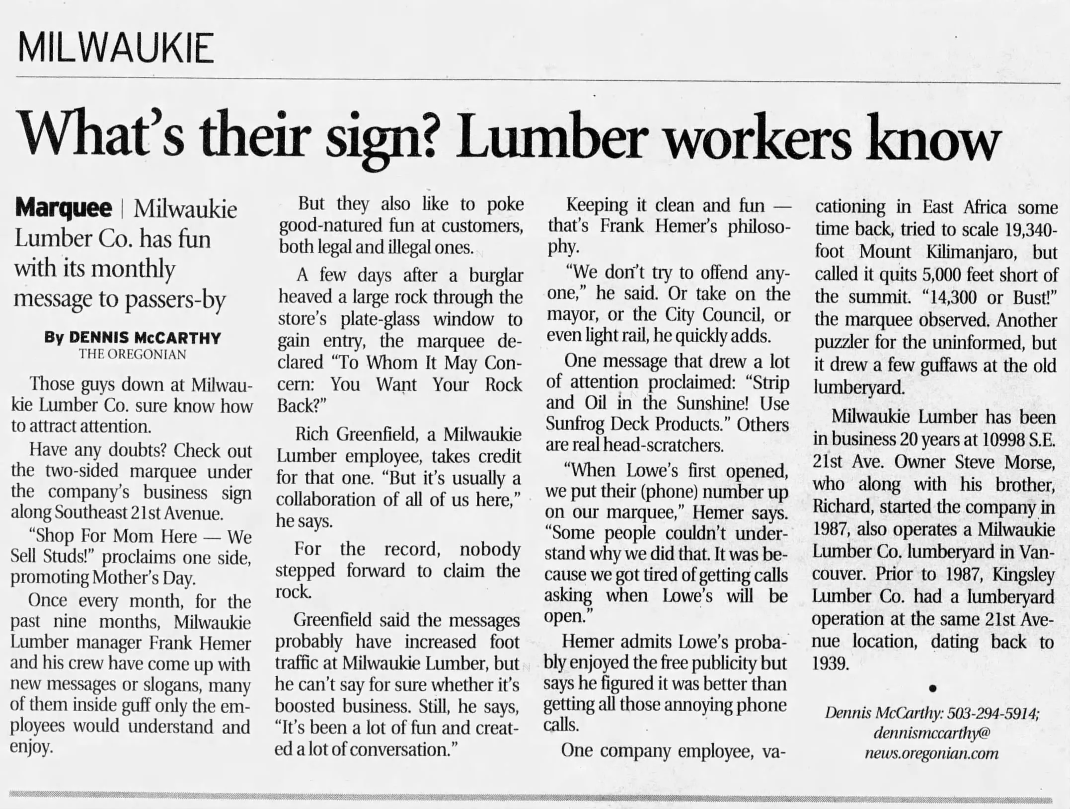 What's their sign? Lumber workers know — The Milwaukie Review, May 2007