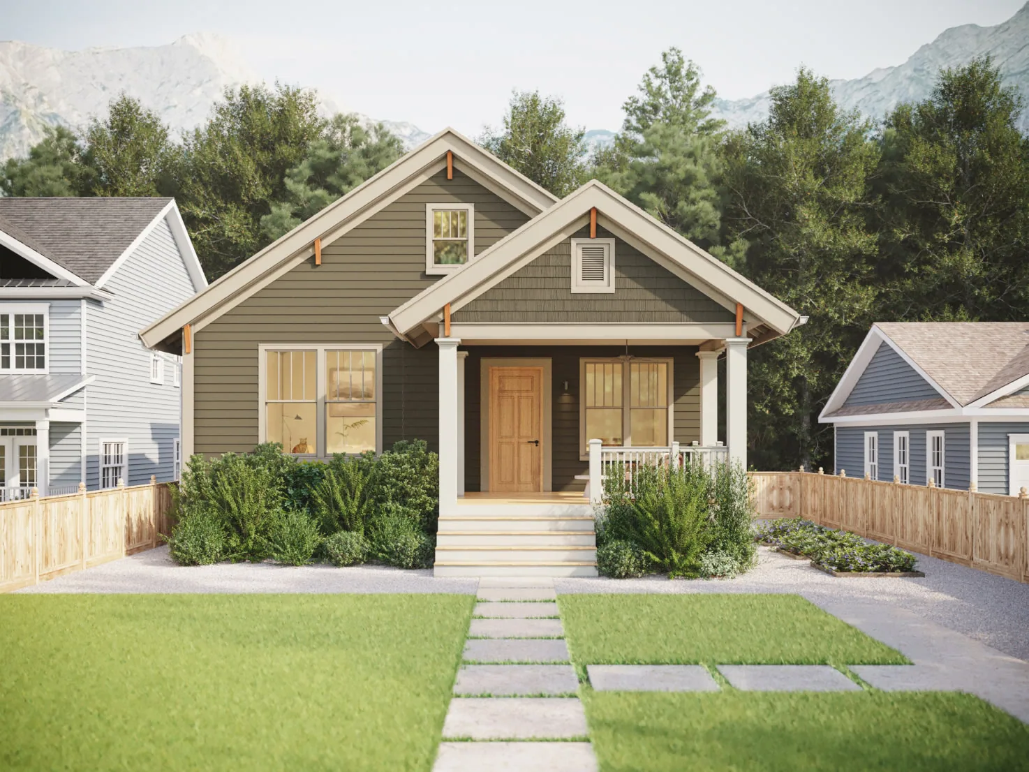 Craftsman bungalow with HardieShingle gable accents and HardiePlank in Mountain Sage