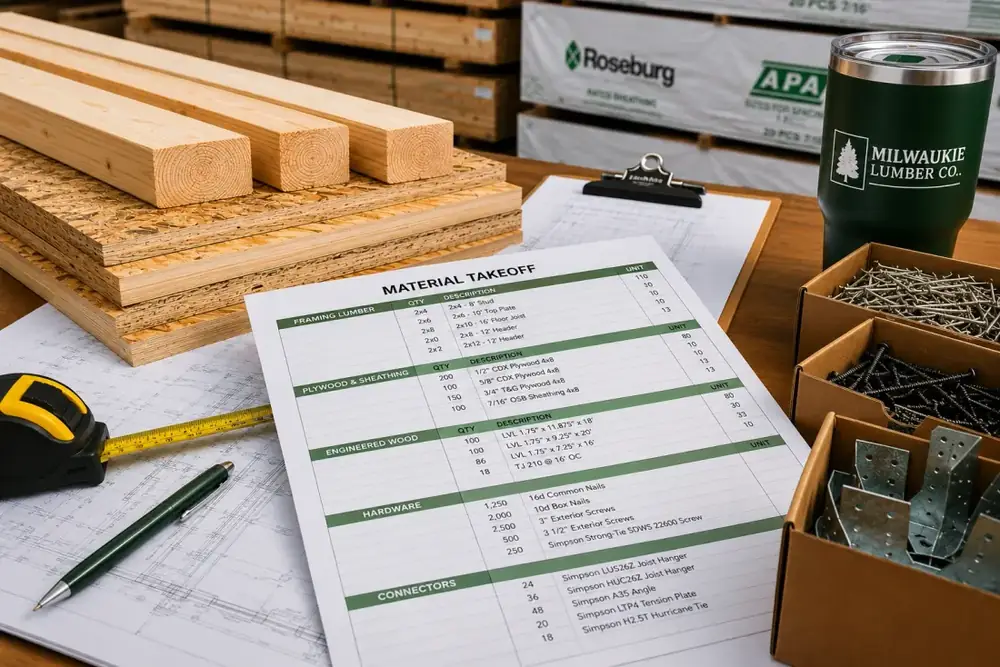 Milwaukie Lumber material takeoff service — staff reviewing building plans