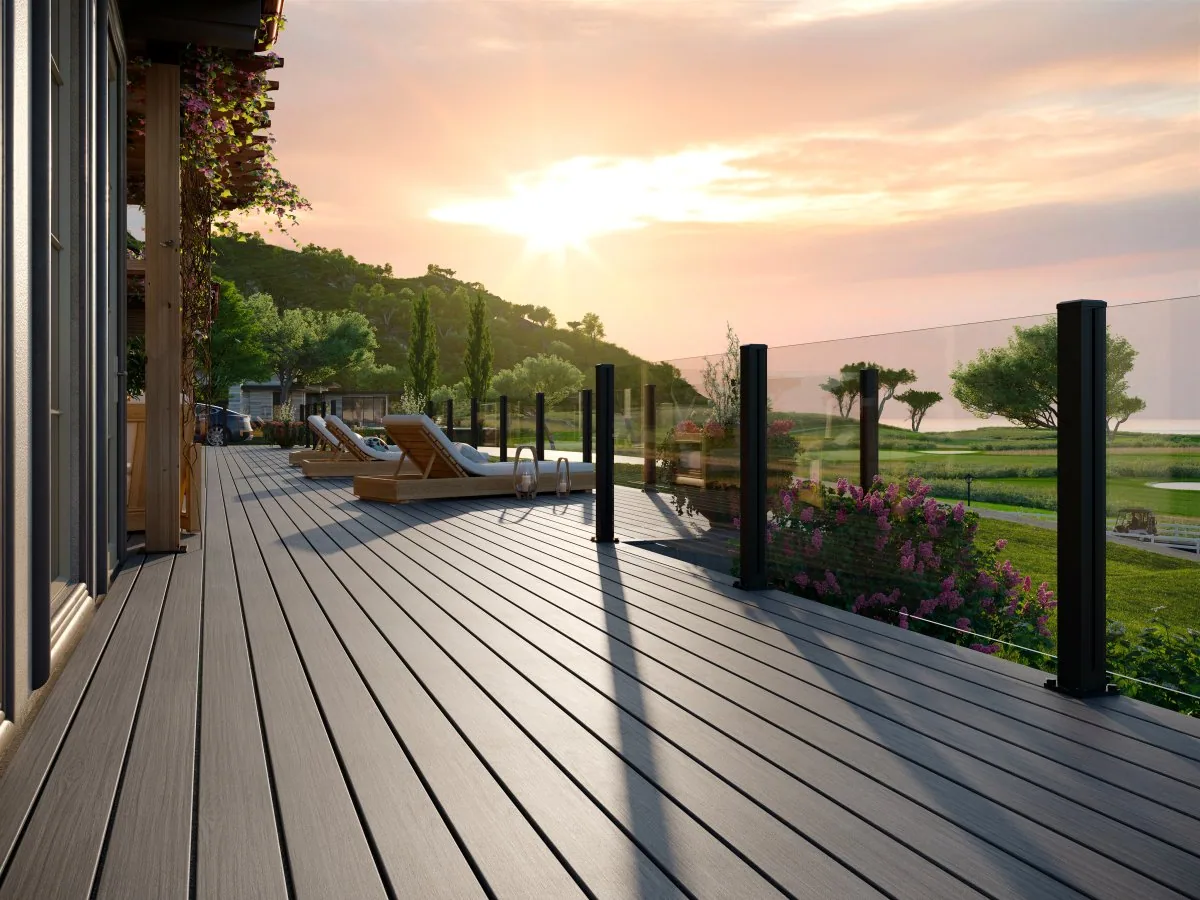 Trex Signature X-Series frameless glass railing at twilight