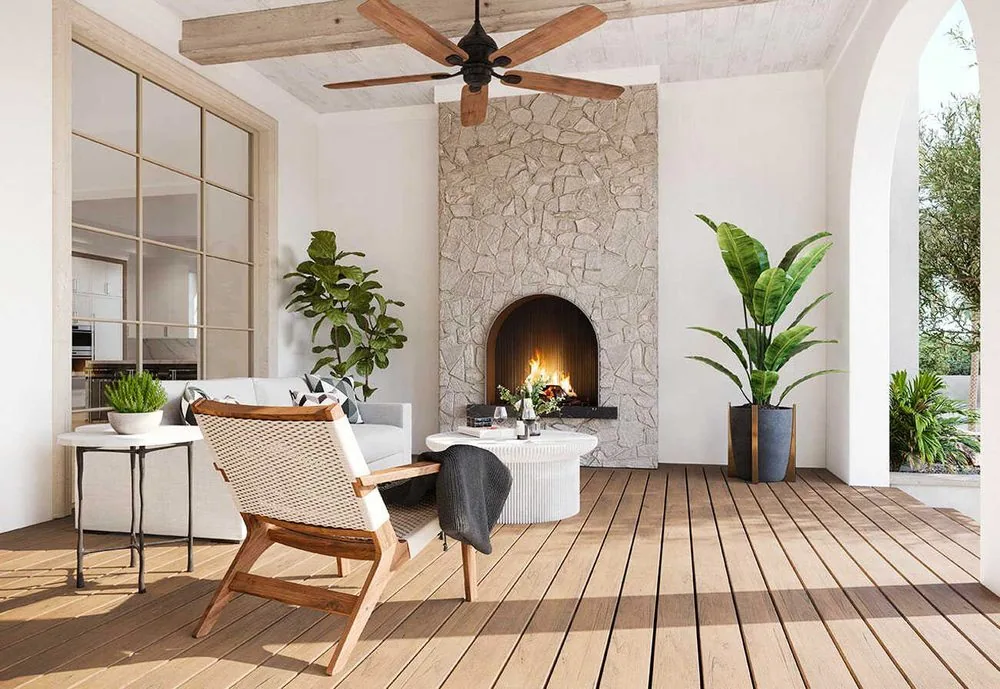 TimberTech covered outdoor deck with fireplace
